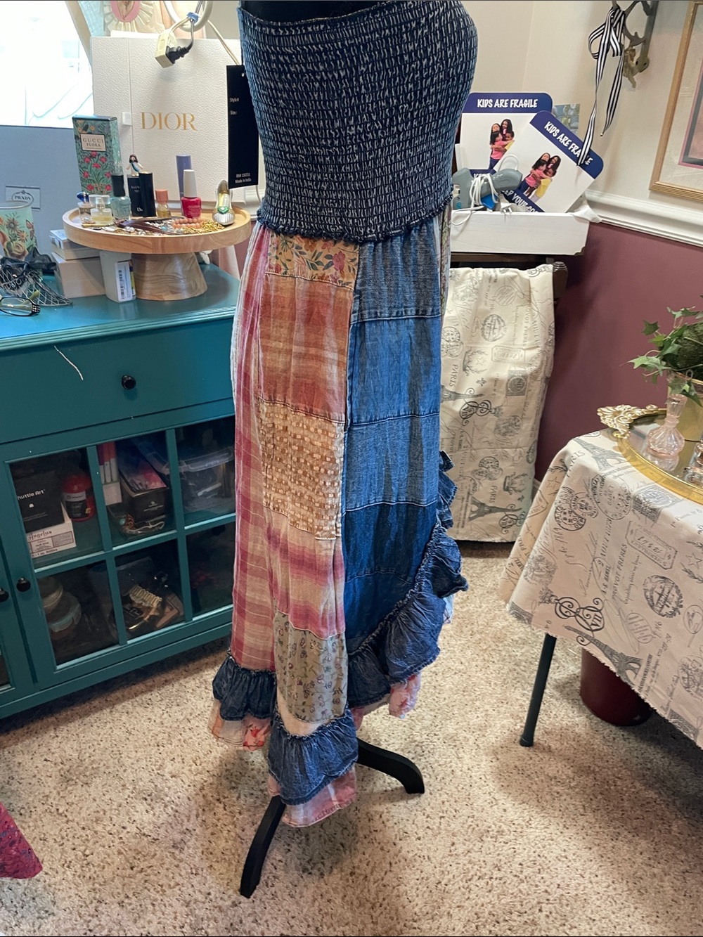 Smocked Denim Bohemian Patchwork Midi Dress in Blue Young Threads - Picture 13 of 17